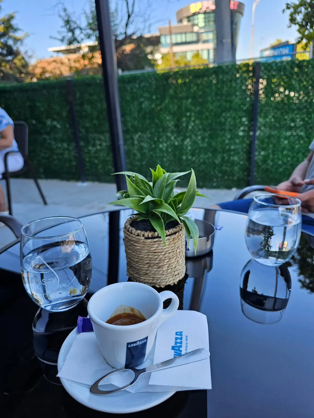 An espresso on a glass table on the Pozitiva Bar terrace, with a green hedge behind it